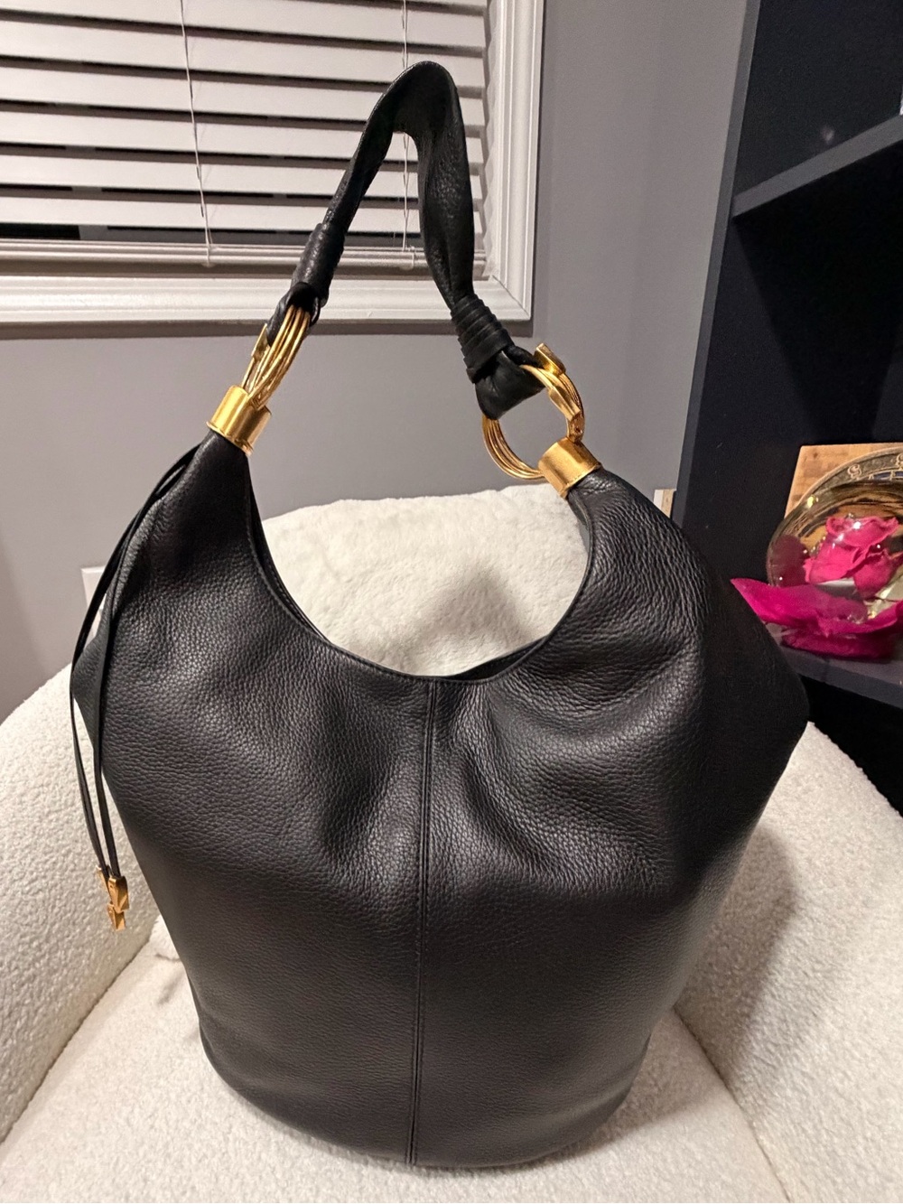 Donna Karan Black Leather Hobo Shoulder Bag with Gold Hardware